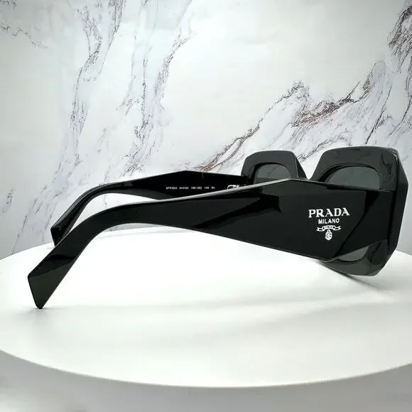 New PRADA Sunglasses Black Silver Symbole Logo Oversized Square Frame 54mm - Picture 8 of 16